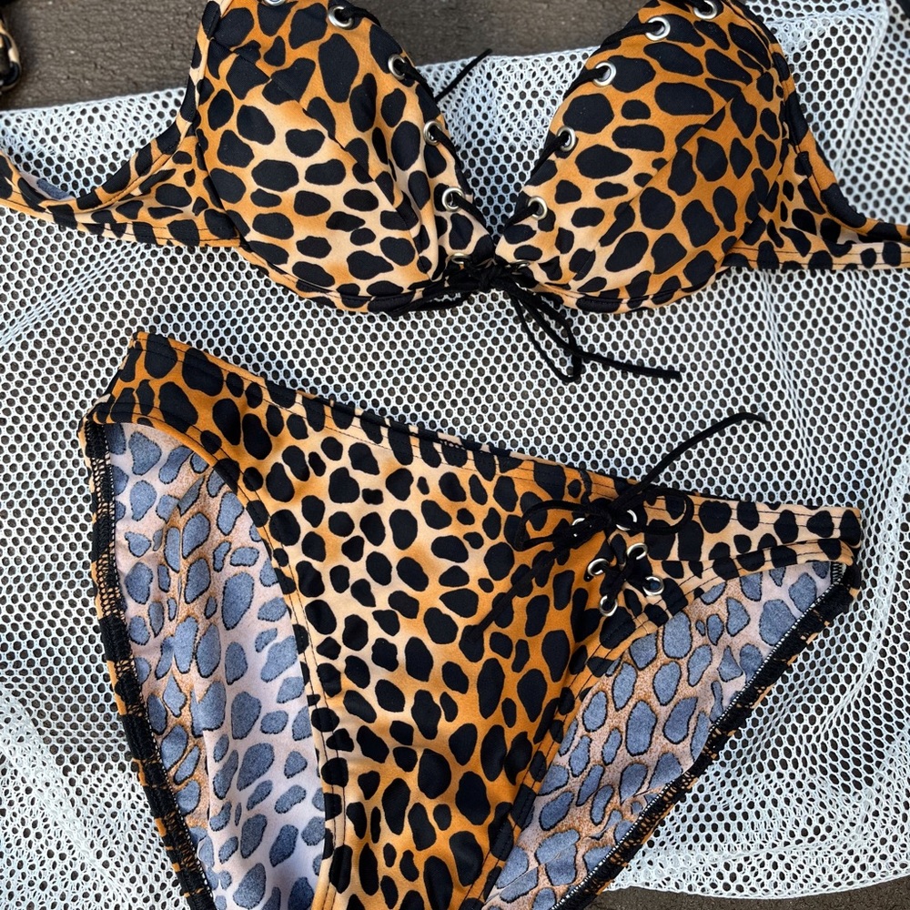Leopard print bikini with lace up detail and faux tie on top and bikini bottom